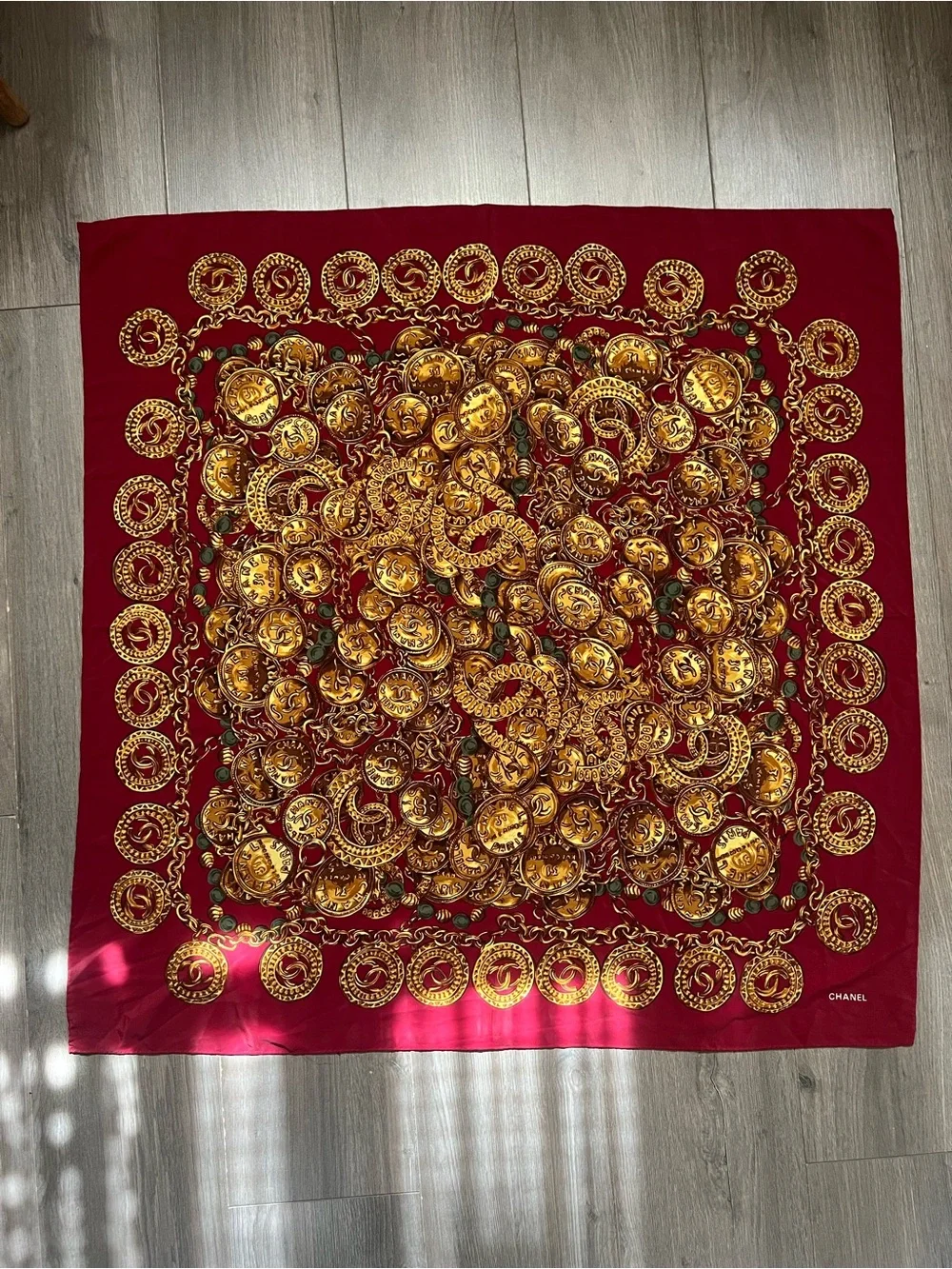 Rare Vintage Chanel Paris Silk Scarf Coin & Chain Print Burgundy Red